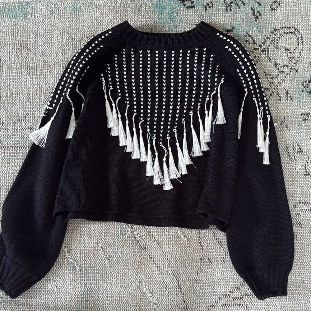 12th Tribe Black and White Crew Neck Sweater with Geometric Pattern